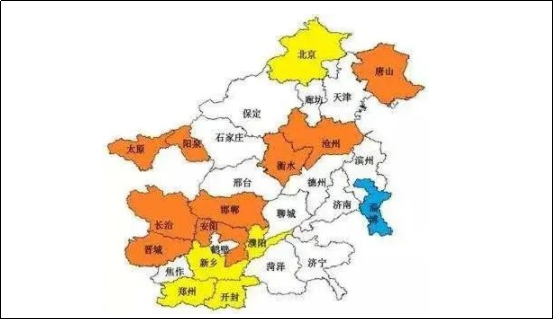 河北北部，山西北部，山東東、南部，河南南部部分城市。