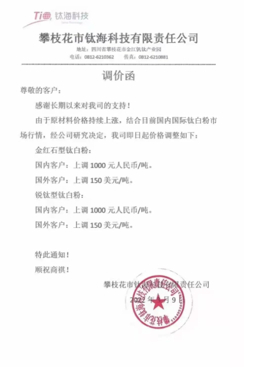 攀枝花市鈦?？萍加邢挢熑喂景l(fā)布調價函稱