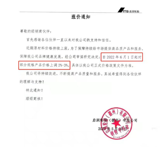 　啟潤輪胎6月漲價(jià) 宣布自6月1日起對部分規(guī)格產(chǎn)品價(jià)格上調(diào)2%-3%。
