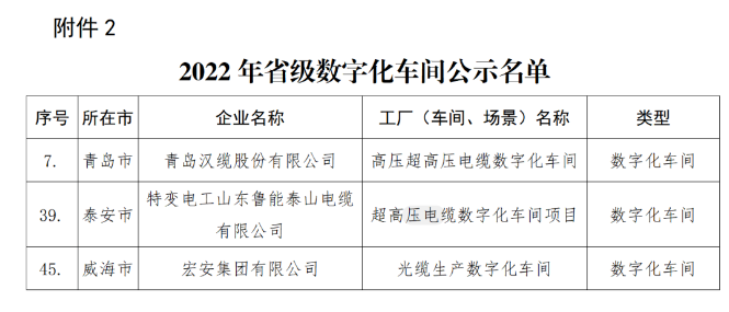 青島漢纜、特變電工山東魯能泰山電纜、宏安集團入選2022年省級數(shù)字化車間公示名單