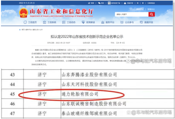 5月23日，山東省工業(yè)和信息化廳公布“2022年山東省技術(shù)創(chuàng)新示范企業(yè)”擬認(rèn)定名單，通力輪胎赫然在列。