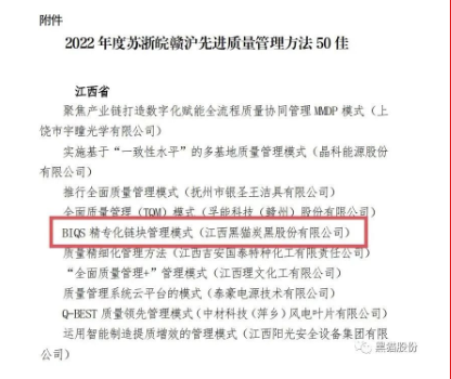 本次評(píng)選活動(dòng)由蘇浙皖贛滬四省一市市場監(jiān)督管理局聯(lián)合舉行，旨在積極發(fā)揮質(zhì)量標(biāo)桿組織的示范帶頭作用，通過宣傳推廣各類可復(fù)制的先進(jìn)質(zhì)量管理方法，激勵(lì)更多企業(yè)加強(qiáng)質(zhì)量管理，追求卓越績效，促進(jìn)區(qū)域內(nèi)質(zhì)量發(fā)展水平的整體提升。黑貓股份選送的質(zhì)量成果案例經(jīng)過景德鎮(zhèn)和省市場監(jiān)督管理局初選、推優(yōu)、評(píng)選，從上千個(gè)案例中脫穎而出，最終入選50佳先進(jìn)質(zhì)量管理方法。