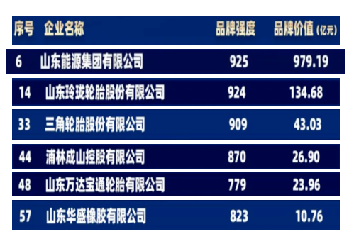 棗礦橡膠母公司山東能源集團、玲瓏輪胎、三角輪胎、浦林成山、萬達寶通、華盛橡膠位列榜單之中，均為山東地區(qū)企業(yè)。