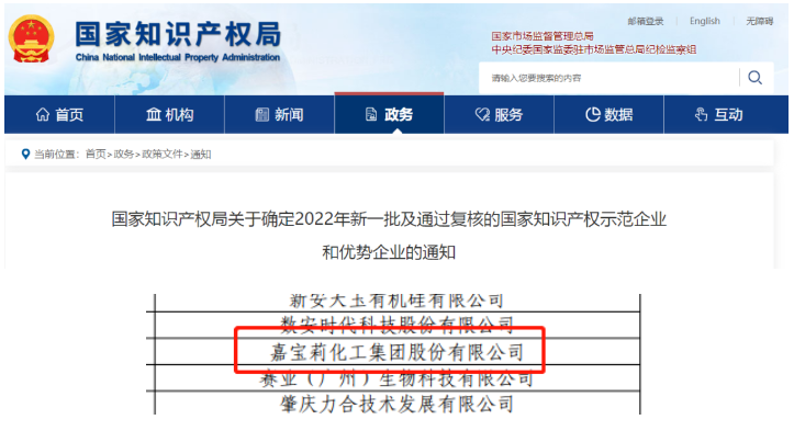 　嘉寶莉于2017年首次通過(guò)國(guó)家知識(shí)產(chǎn)權(quán)優(yōu)勢(shì)企業(yè)認(rèn)定，本次復(fù)核認(rèn)定，是政府和社會(huì)對(duì)嘉寶莉在知識(shí)產(chǎn)權(quán)工作的堅(jiān)實(shí)認(rèn)可，也是嘉寶莉在知識(shí)產(chǎn)權(quán)領(lǐng)域?qū)嵙Ψ€(wěn)步提升的見(jiàn)證。  