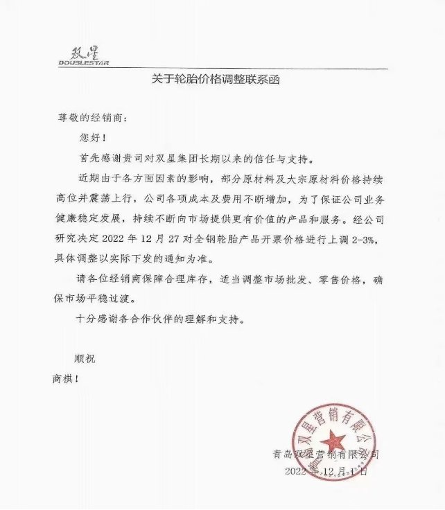 雙星、雙錢、成山、玲瓏 宣布12月份漲價(jià)