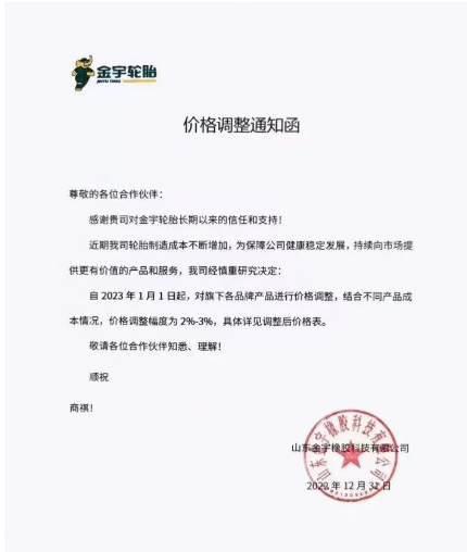 　金宇輪胎表示，由于近期輪胎制造成本不斷增加，自2023年1月1日起，對旗下各品牌進(jìn)行價格調(diào)整，結(jié)合不同產(chǎn)品成本情況，價格調(diào)整幅度為2-3%。