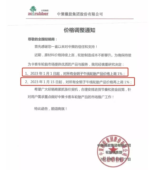 而這已經(jīng)是中策兩個月之內(nèi)的三連漲了。此前中策決定自1月1日起，對所有全鋼子午線輪胎產(chǎn)品價格上調(diào)1%;自1月15日起對上述產(chǎn)品價格再上調(diào)1%。