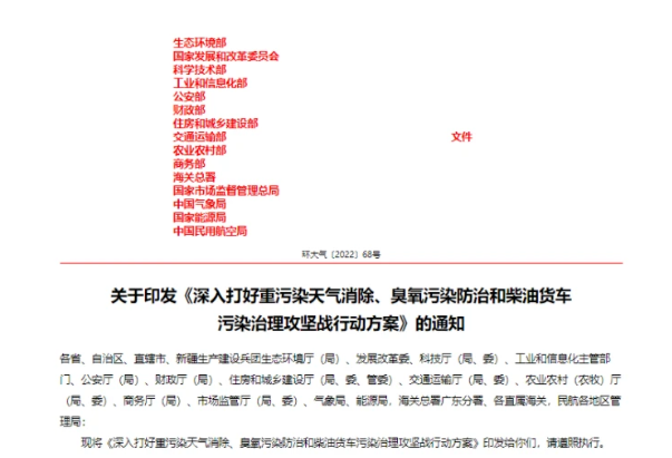 最后，2022年11月14日，生態(tài)環(huán)境部、發(fā)改委、科學技術部、工信部等15部門聯(lián)合印發(fā)了《深入打好重污染天氣消除、臭氧污染防治和柴油貨車污染治理攻堅戰(zhàn)行動方案》，提出，到2025年，全國柴油貨車排放檢測合格率超過90%，全國柴油貨車氮氧化物排放量下降12%，新能源和國六排放標準貨車保有量占比力爭超過40%。