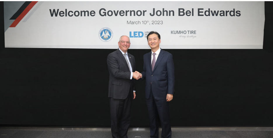 由路易斯安那州州長 John Bel Edwards 率領(lǐng)的貿(mào)易代表團訪問了錦湖輪胎位于韓國首爾的總部。代表團，會見了錦湖輪胎首席執(zhí)行官 Il-Taek Jung、全球銷售主管 Seung-Bin Lim 和供應鏈管理主管 Eun-Sun Lee。