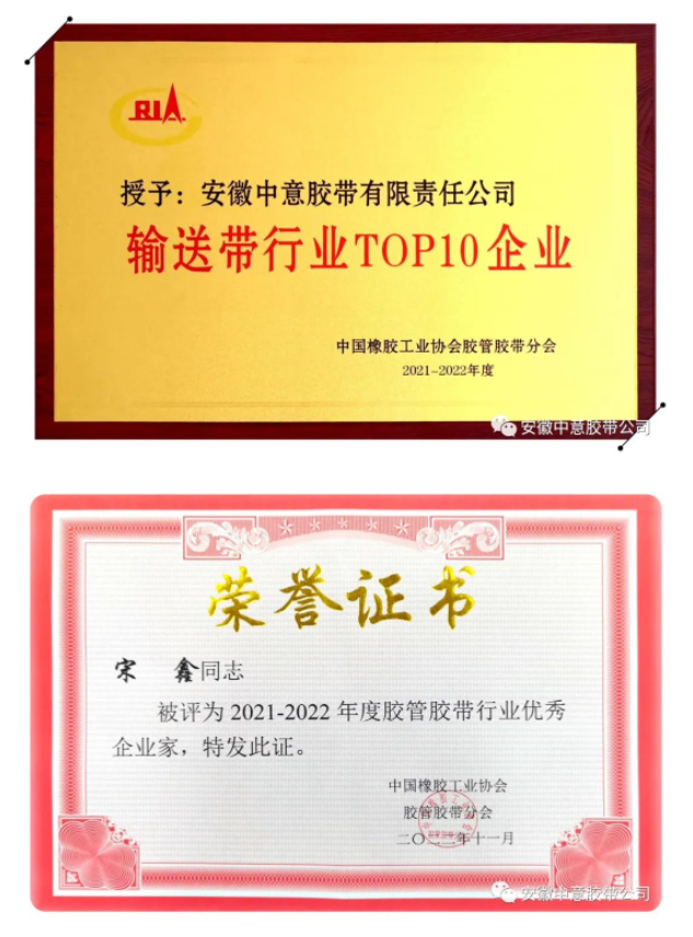多項(xiàng)榮譽(yù)評(píng)選結(jié)果出爐，其中包括2021-2022年度“輸送帶行業(yè)TOP10企業(yè)”、“行業(yè)優(yōu)秀企業(yè)家”和“行業(yè)優(yōu)秀科技工作者”等。安徽中意膠帶公司憑借著產(chǎn)品優(yōu)勢(shì)、卓越的品牌影響力以及市場(chǎng)表現(xiàn)，連續(xù)15年榮獲“輸送帶行業(yè)十強(qiáng)企業(yè)”榮譽(yù)稱號(hào)。此外，安徽中意膠帶公司總經(jīng)理宋鑫榮獲“優(yōu)秀企業(yè)家”稱號(hào)，公司副總工程師袁陸海則榮獲“優(yōu)秀科技工作者”稱號(hào)。這些殊榮的獲得，證明了安徽中意膠帶公司在行業(yè)內(nèi)的領(lǐng)先地位和卓越表現(xiàn)。