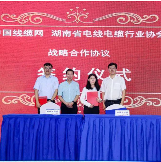 會議第二個部分是簽約儀式，湖南省電線電纜行業(yè)協(xié)會分別與湖南省產(chǎn)商品質(zhì)量監(jiān)督檢驗研究院、湖南省湘雁輸變電產(chǎn)業(yè)服務(wù)中心、中國線纜網(wǎng)簽署戰(zhàn)略合作協(xié)議。合作雙方表示將發(fā)揮各自優(yōu)勢，建立協(xié)作平臺，深化創(chuàng)新協(xié)同，優(yōu)勢互補譜寫合作新篇章。