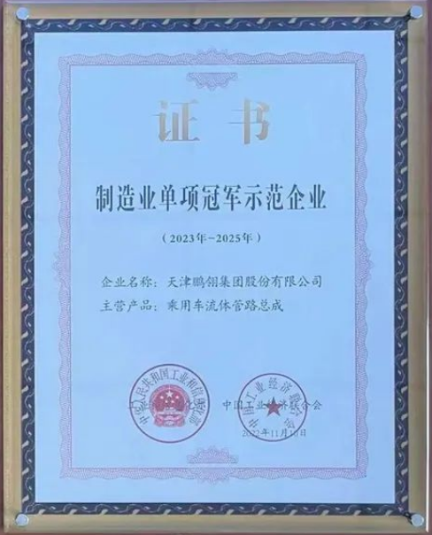 鵬翎集團(tuán)憑借其在乘用車流體管路領(lǐng)域的卓越貢獻(xiàn)，成功入選為“第七批國家級制造業(yè)單項(xiàng)冠軍示范企業(yè)”。