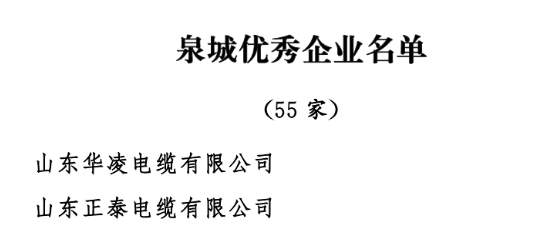 中共濟(jì)南市委、濟(jì)南市人民政府發(fā)布了《關(guān)于表彰濟(jì)南市優(yōu)秀企業(yè)和優(yōu)秀企業(yè)家的決定》，以激勵和表彰全市廣大企業(yè)和企業(yè)家在濟(jì)南經(jīng)濟(jì)社會發(fā)展中的卓越貢獻(xiàn)。經(jīng)過嚴(yán)格評選，55家企業(yè)被授予“泉城優(yōu)秀企業(yè)”稱號。其中山東華凌電纜有限公司、山東正泰電纜有限公司被授予“泉城優(yōu)秀企業(yè)”稱號。