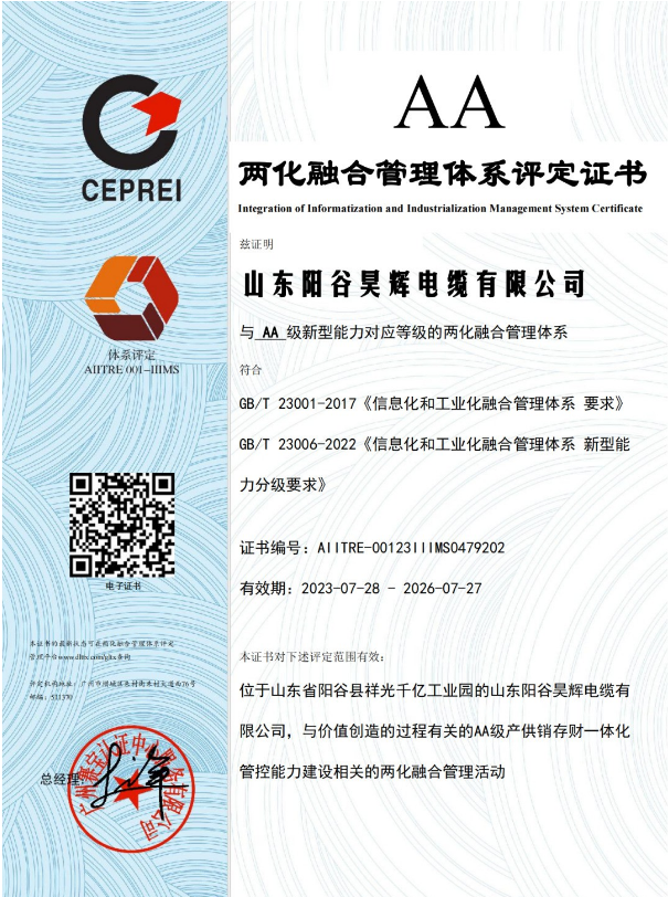 ，山東陽(yáng)谷昊輝電纜有限公司在兩化融合管理體系貫標(biāo)工作取得階段性成果，成功通過(guò)體系評(píng)定，并獲得由國(guó)家工信部授權(quán)的評(píng)定機(jī)構(gòu)——廣州賽寶認(rèn)證中心服務(wù)有限公司頒發(fā)的兩化融合管理體系A(chǔ)A級(jí)評(píng)定證書(shū)。