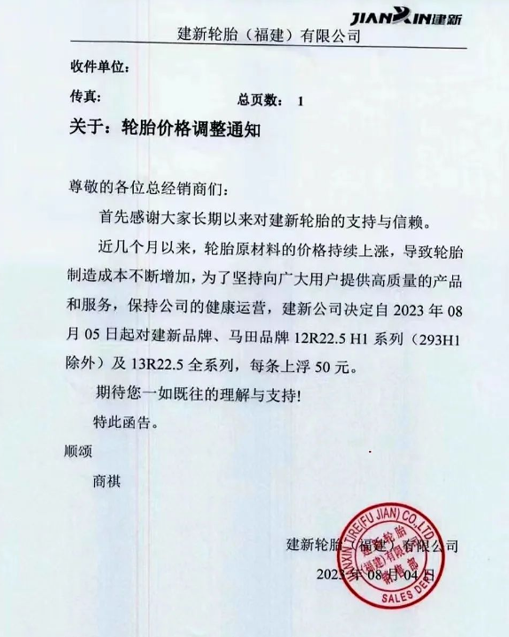建新輪胎(福建)有限公司發(fā)布了一則重要通知，宣布自今日起對(duì)旗下建新品牌、馬田品牌的12R22.5 H1系列(除293H1外)以及13R22.5全系列輪胎的價(jià)格進(jìn)行調(diào)整，每條上浮50元。此次調(diào)價(jià)的原因是由于輪胎原材料價(jià)格持續(xù)上漲，導(dǎo)致輪胎制造成本不斷攀升。