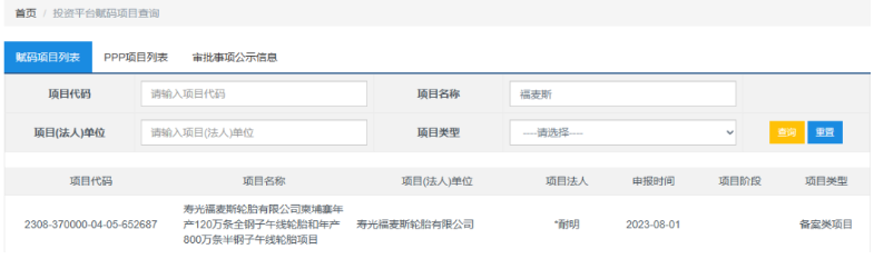 山東省投資項目在線審批監(jiān)管平臺披露，壽光福麥斯輪胎有限公司“柬埔寨年產(chǎn)120萬條全鋼子午線輪胎和年產(chǎn)800萬條半鋼子午線輪胎項目”備案。