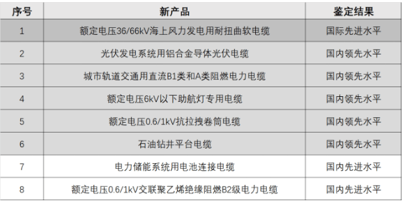 新疆維吾爾自治區(qū)工信廳科技質(zhì)量處副處長(zhǎng)陳捷在開(kāi)工典禮上對(duì)新纜廠(chǎng)自主研發(fā)的8款創(chuàng)新產(chǎn)品技術(shù)進(jìn)行了權(quán)威鑒定。據(jù)了解，其中一款名為“額定電壓36/66千伏海上風(fēng)力發(fā)電用耐扭曲軟電纜”的產(chǎn)品達(dá)到了國(guó)際先進(jìn)水平。此外，還有名為“鋁合金芯光伏線(xiàn)”和“儲(chǔ)能系統(tǒng)用電池連接電纜”的7款產(chǎn)品達(dá)到了國(guó)內(nèi)先進(jìn)水平。
