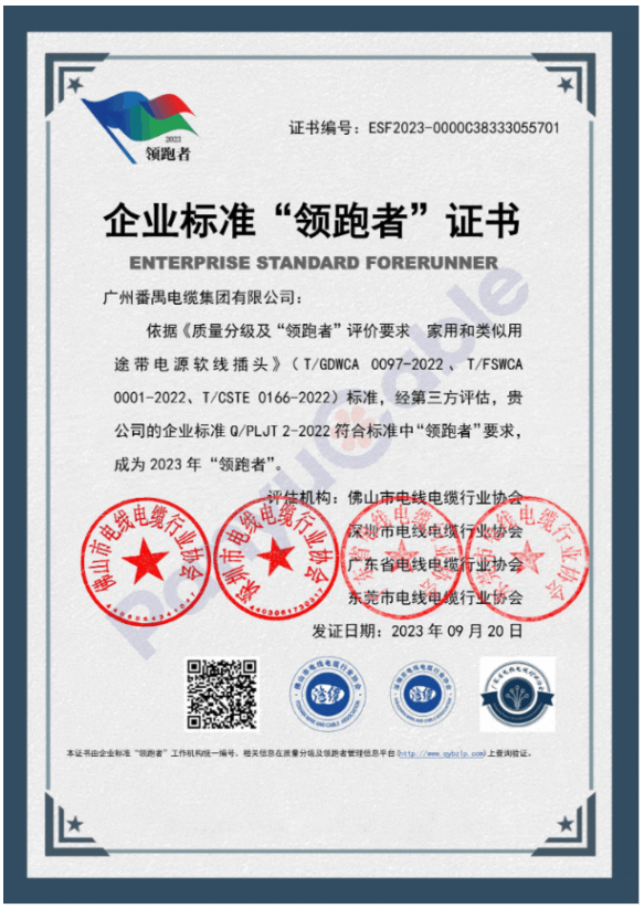 宣布了2023年首批民營企業(yè)國家級“領(lǐng)跑者”名單。其中，番纜集團憑借其柔性防火電纜、橡套電線電纜、家用和類似用途交流帶插頭電源軟線產(chǎn)品的卓越品質(zhì)，榮獲2023年度民營企業(yè)標準“領(lǐng)跑者”證書，為該行業(yè)樹立了新的標桿。